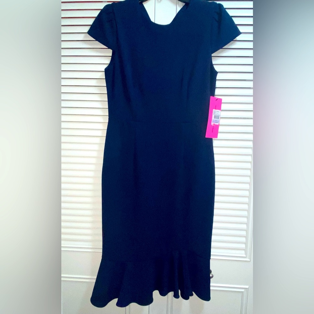 Betsey Johnson Womens Navy Midi Length Dress with Capped Sleeves- NEW WITH TAG